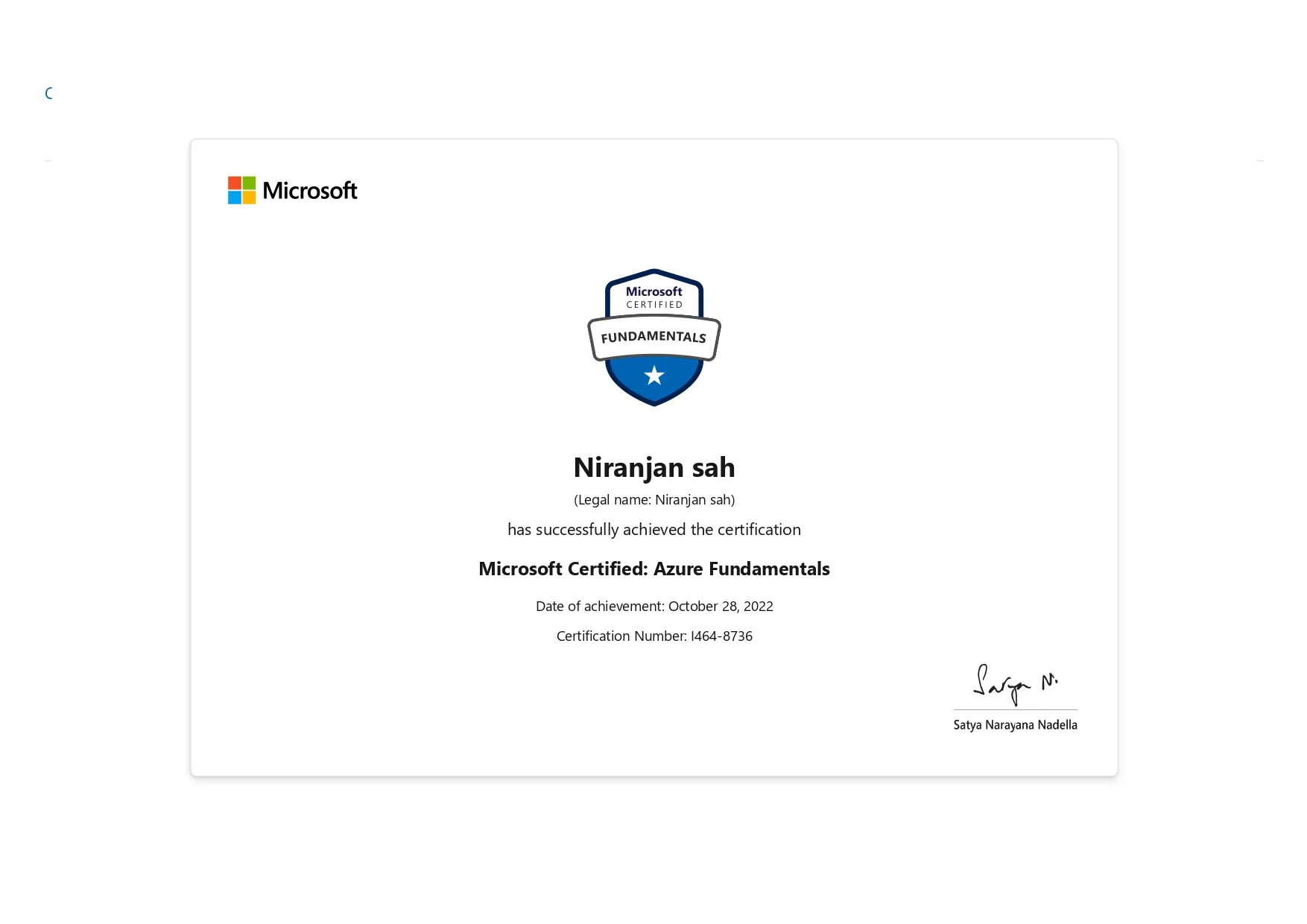 Microsoft Certified: Azure Fundamentals certificate
